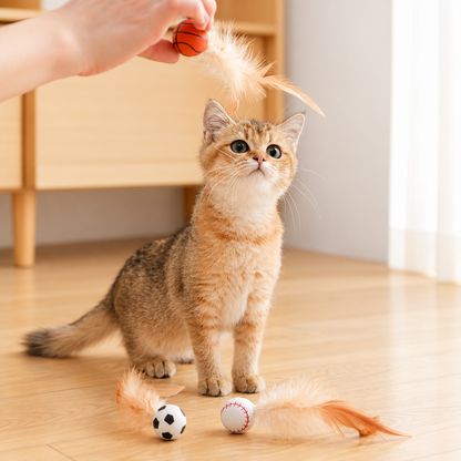 Bouncy Feather Sports Ball Cat Toy – Interactive Silicone Chase Toy for Indoor Cats