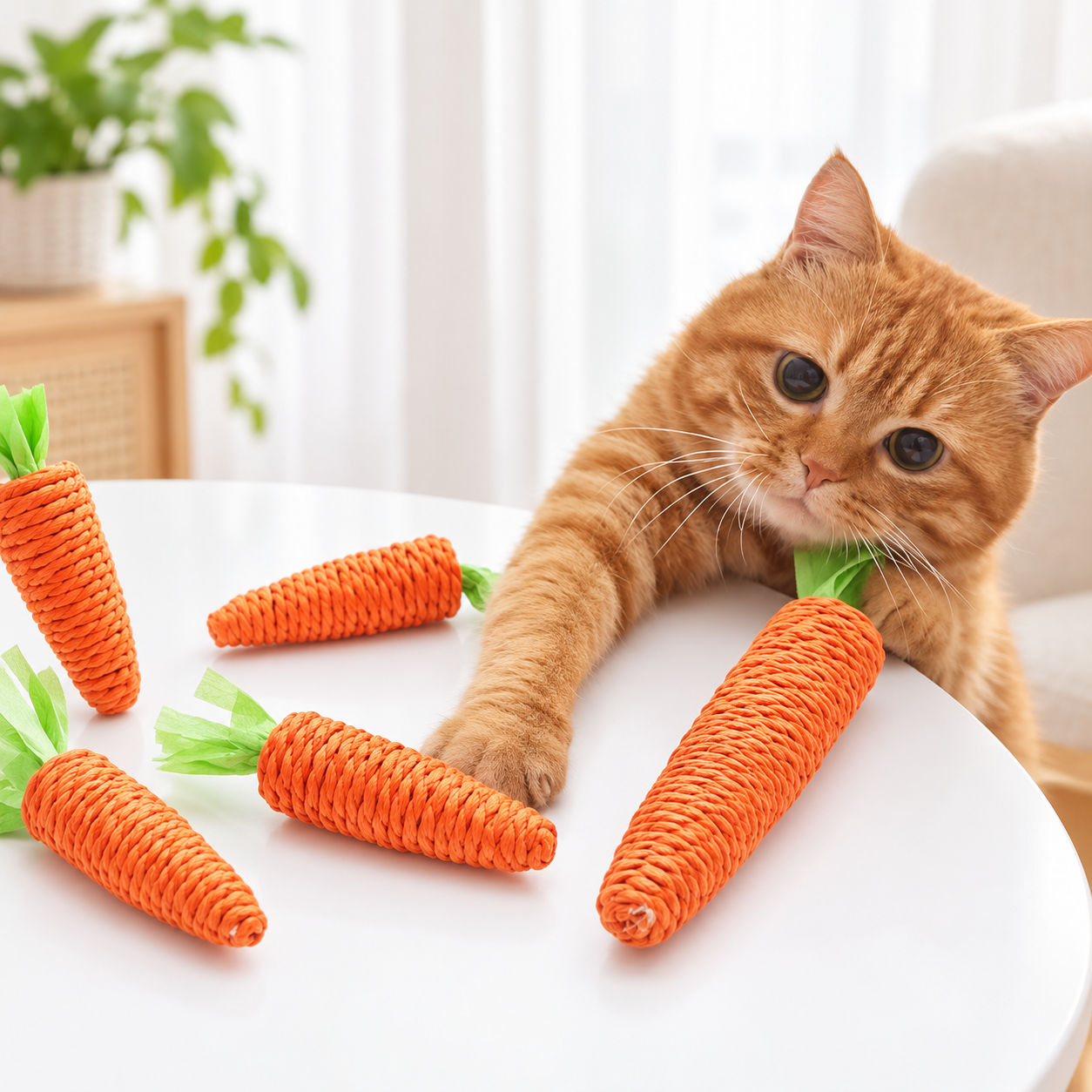 Interactive Carrot Cat Chew Toy with Bell – Woven Paper Rope Teething Toy