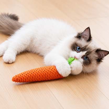 Interactive Carrot Cat Chew Toy with Bell – Woven Paper Rope Teething Toy